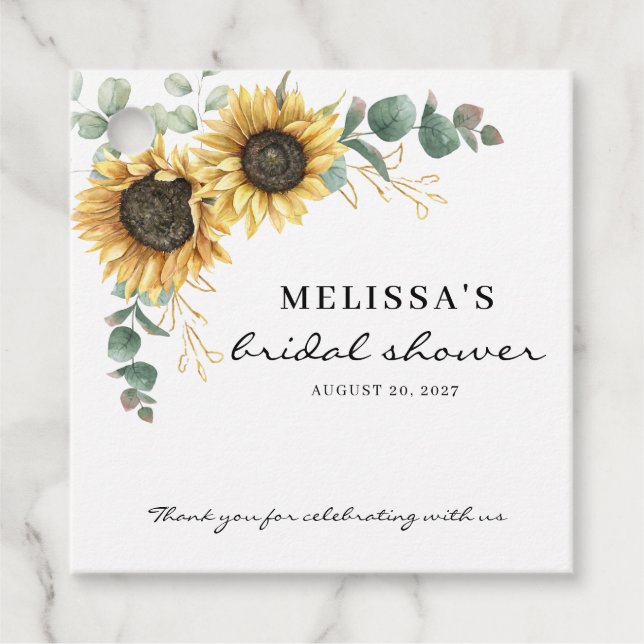 Elegantes Sonnenblumen Eukalyptus Floral Brautpart Geschenkanhänger (Vorderseite)