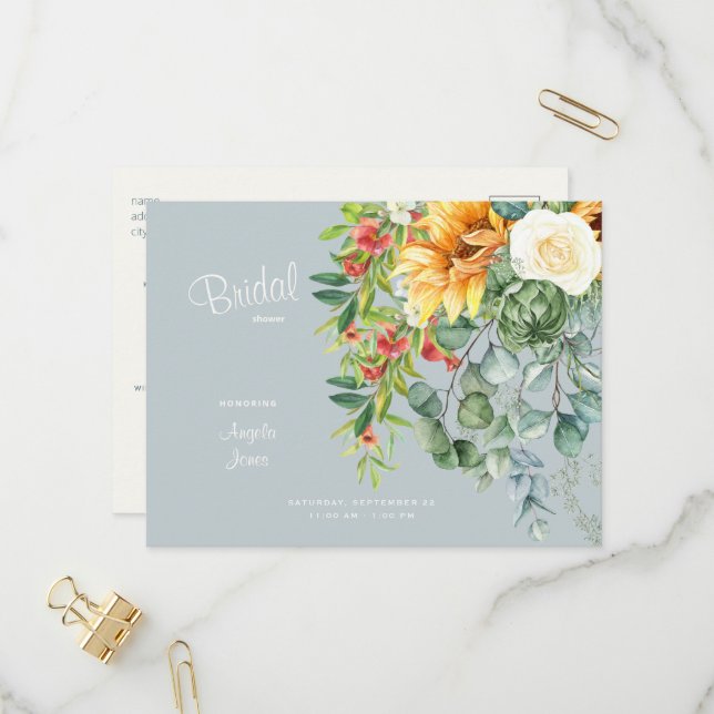 Elegantes Sonnenblumen Toskanisches Dusty Blue Bra Einladungspostkarte (Vorderseite/Rückseite Beispiel)