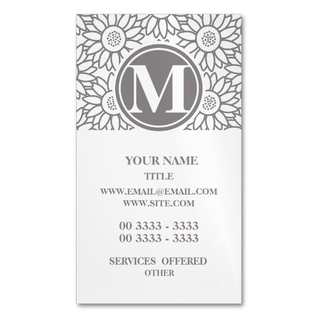 Elegantes Sonnenblumenmuster Mit Monogramm Magnetische Visitenkarte (Vorderseite Vertikal)
