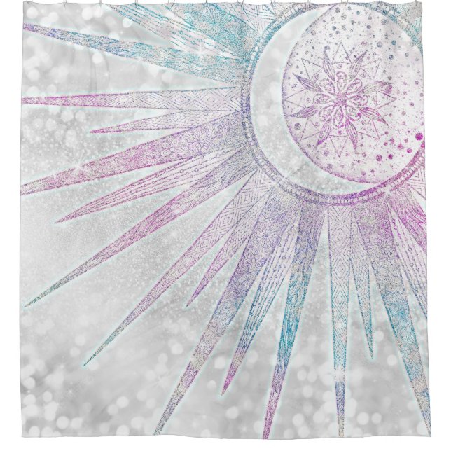 Elegantes Sonnenmond Mandala Silver Design Duschvorhang (Vorderseite)