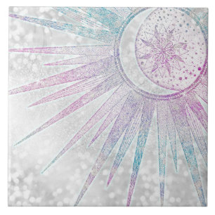Elegantes Sonnenmond Mandala Silver Design Fliese