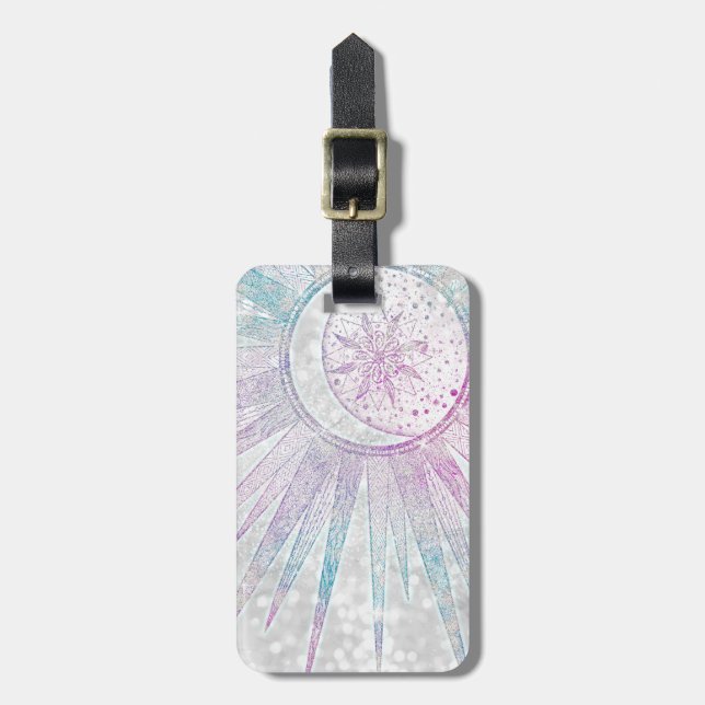Elegantes Sonnenmond Mandala Silver Design Gepäckanhänger (Vorderseite vertikal)