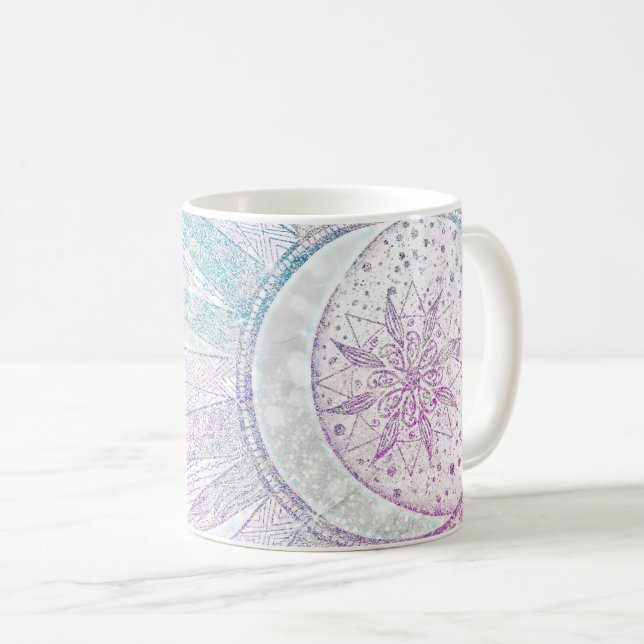 Elegantes Sonnenmond Mandala Silver Design Kaffeetasse (VorderseiteRechts)