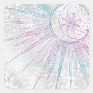 Elegantes Sonnenmond Mandala Silver Design Quadratischer Aufkleber