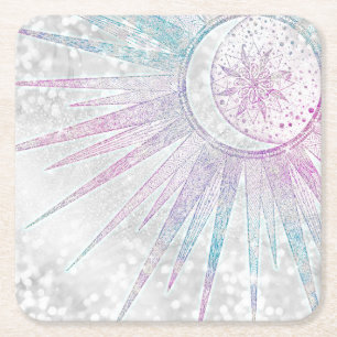 Elegantes Sonnenmond Mandala Silver Design Rechteckiger Pappuntersetzer
