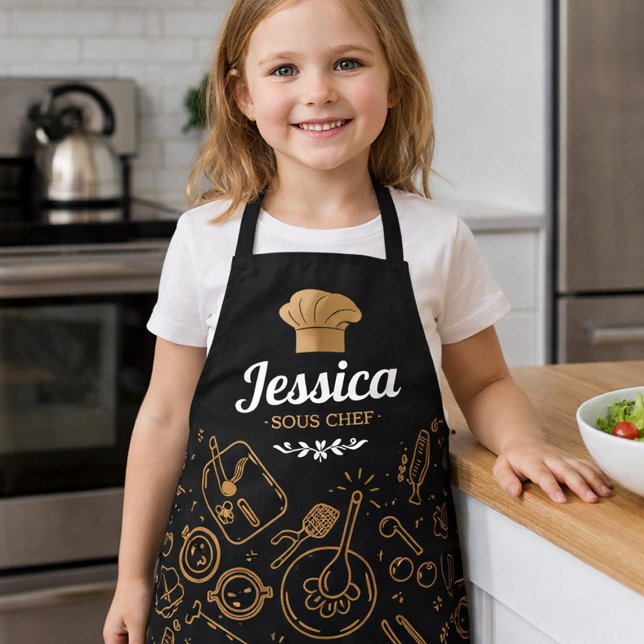 Elegantes Sous-Chef-Küchenmuster mit Gold Schürze (Personalized sous chef kids apron with elegant gold kitchen pattern)
