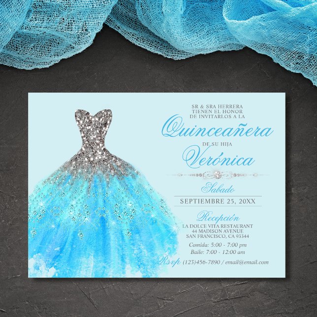 Elegantes Spanisch Quinceañera Mis Quince Blue Einladung (Von Creator hochgeladen)