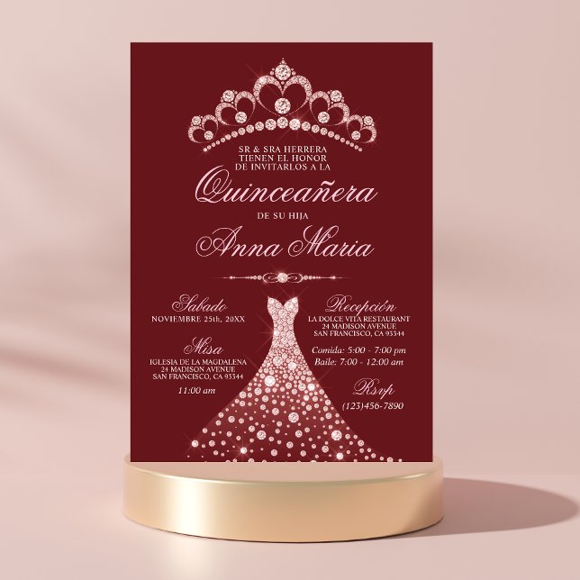 Elegantes Spanisch Quinceañera Mis Quince Burgundy Einladung (Von Creator hochgeladen)