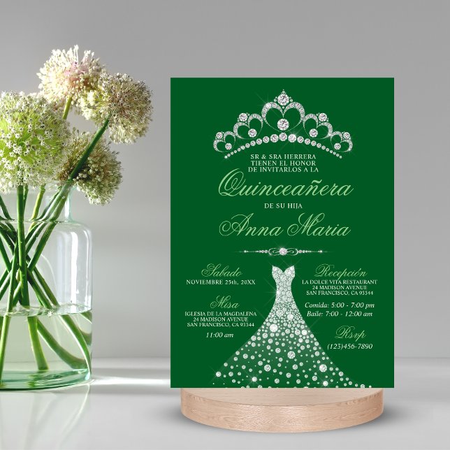 Elegantes Spanisch Quinceañera Mis Quince Green Einladung (Von Creator hochgeladen)