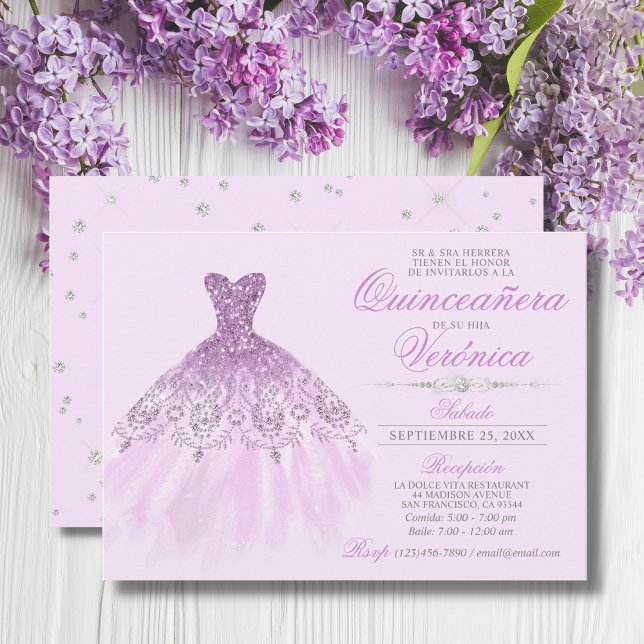 Elegantes Spanisch Quinceañera Mis Quince Lila Einladung (Von Creator hochgeladen)