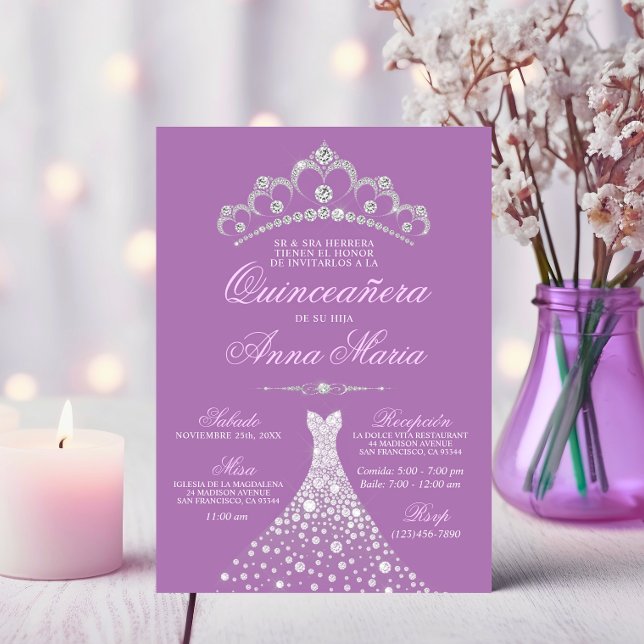 Elegantes Spanisch Quinceañera Mis Quince Lila Einladung (Elegant Spanish Quinceañera Mis Quince Purple Invitation)