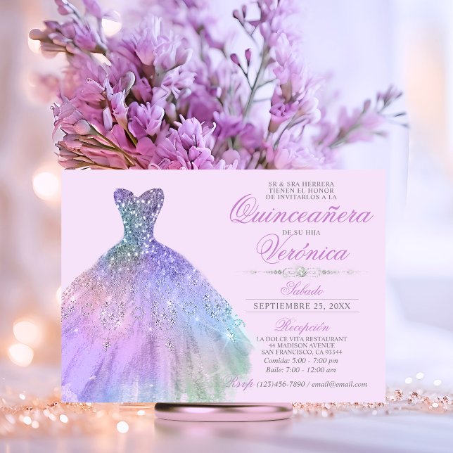 Elegantes Spanisch Quinceañera Mis Quince Lila Einladung (Elegant Spanish Quinceañera Mis Quince Purple Invitation)