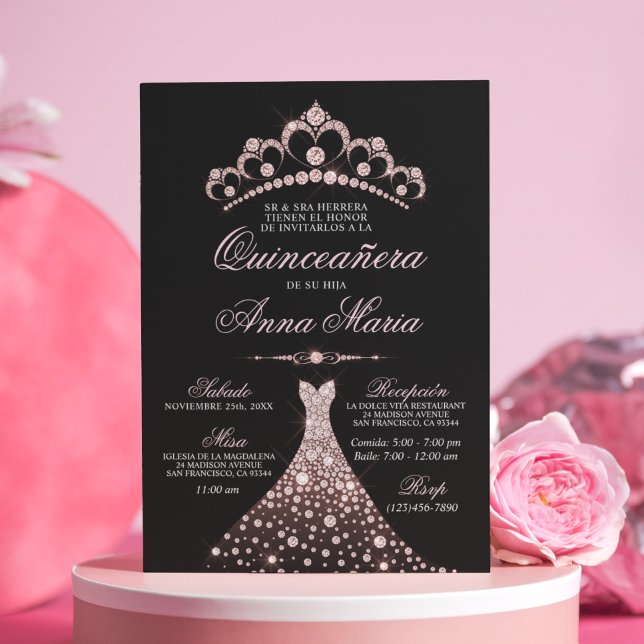Elegantes Spanisch Quinceañera Mis Quince Pink Einladung (Von Creator hochgeladen)