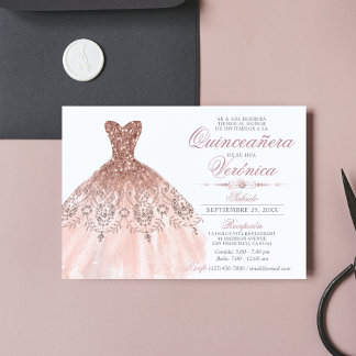 Elegantes Spanisch Quinceañera Mis Quince Pink Ros Einladung