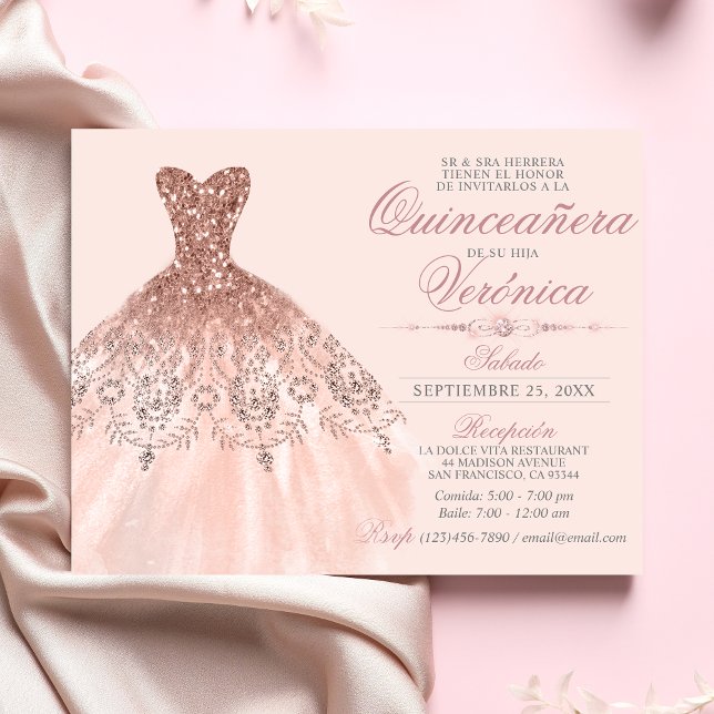 Elegantes Spanisch Quinceañera Mis Quince Pink Ros Einladung (Von Creator hochgeladen)