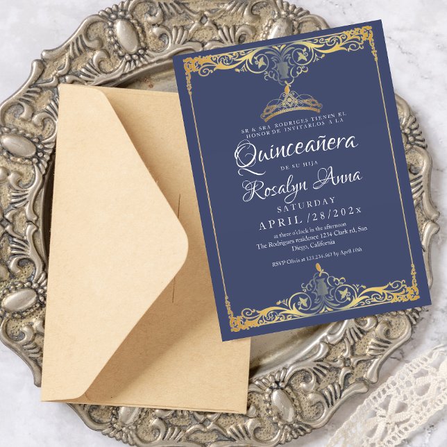 Elegantes Spanisches Mis Quince Navy Blue Gold Fot Einladung (Von Creator hochgeladen)