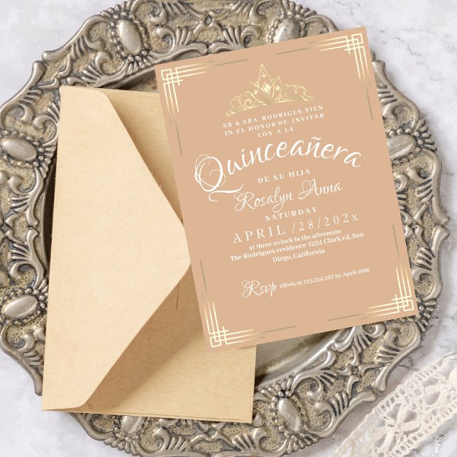 Elegantes spanisches Quinceñera Mis Quince Beige G Einladung (Von Creator hochgeladen)