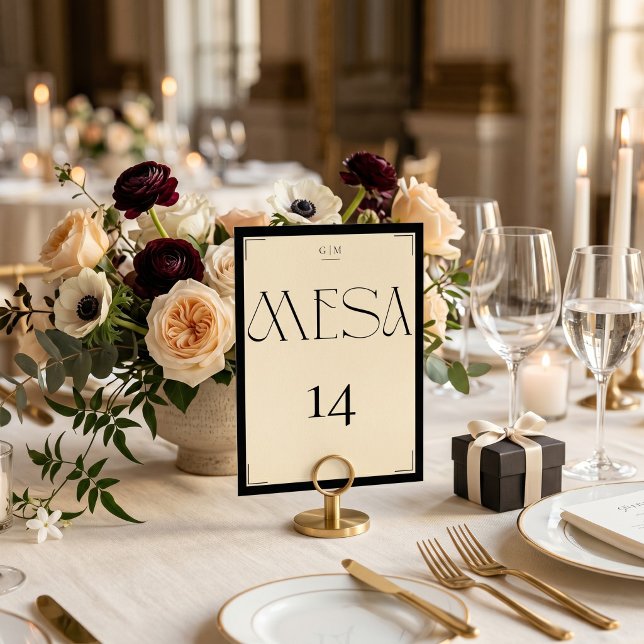 Elegantes Spanisches Schwarzes Creme Monogramm Num Tischnummer (Von Creator hochgeladen)