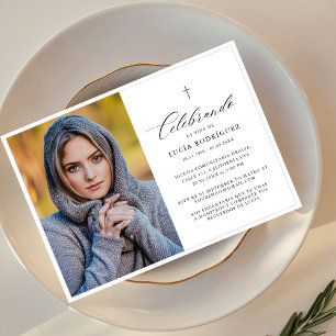 Elegantes spanisches Trauer-Gedenkfoto Kreuz Einladung