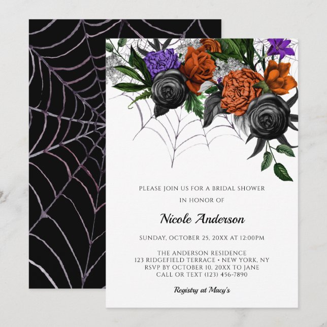 Elegantes Spooky Floral Spider Web-Brautparty Einladung (Vorne/Hinten)