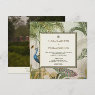 Elegantes Square Foto Tropical Peacock Palm Weddin Einladung
