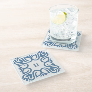 Elegantes Staubblau-Monogramm-Skript Glasuntersetzer