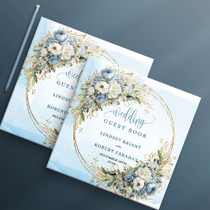Elegantes staubblaues florales goldenes Hochzeitss Gästebuch