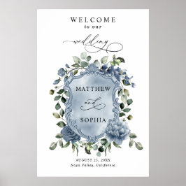 Elegantes staubblaues florales Hochzeitswappen-Pla Poster