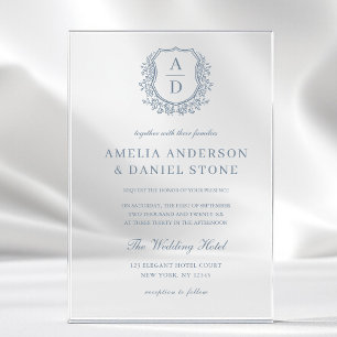 Elegantes, staubblaues, florales Wappen-Monogramm Acryleinladungen