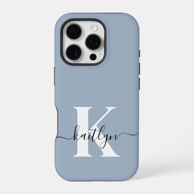 Elegantes staubblaues Skript-Monogramm iPhone Hülle (Rückseite)
