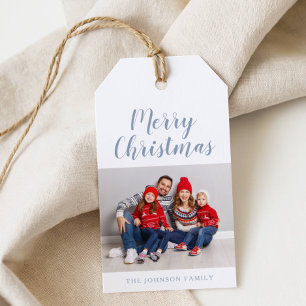 Elegantes staubblaues Skript-Weihnachtsfoto Geschenkanhänger