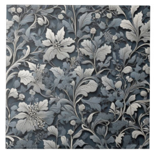 Elegantes staubiges Blau Silber Weiß Grau Floral Fliese