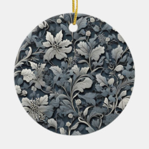Elegantes staubiges Blau Silber Weiß Grau Floral Keramik Ornament
