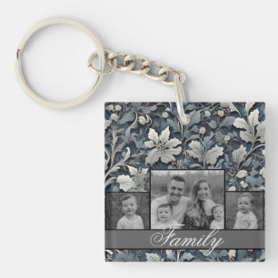 Elegantes staubiges Blau Silber Weiß Grau floral Schlüsselanhänger