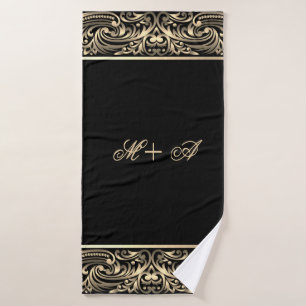Elegantes stilvolles chic schwarzes Goldwirbel Mon Badhandtuch Set