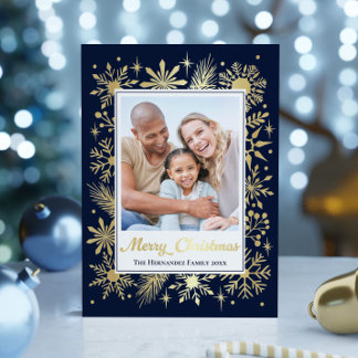 Elegantes stilvolles Navy Snowflake Family Foto Folien Feiertagskarte