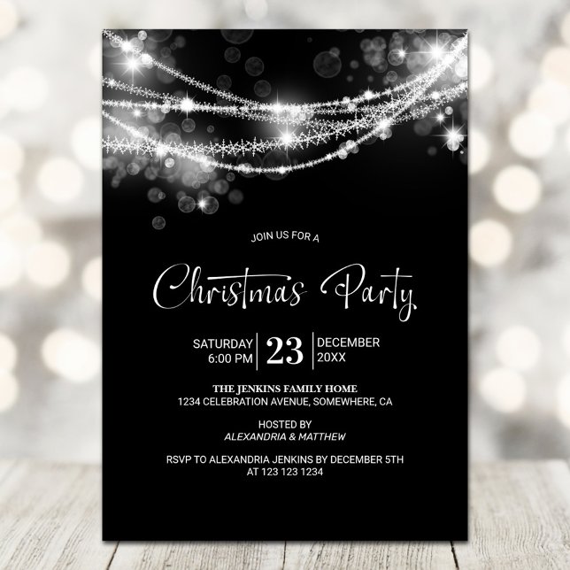 Elegantes String Lights Black Christmas Party Einladung (Von Creator hochgeladen)