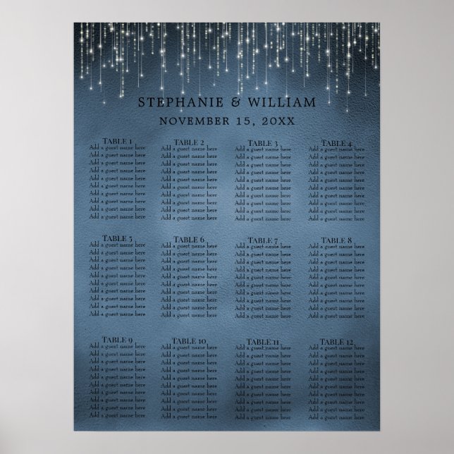 Elegantes String Lights Navy Blue Seating Chart Poster (Vorne)