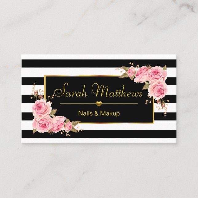 Elegantes Striptes Rose Friseur Salon Goldenes Her Visitenkarte (Vorderseite)