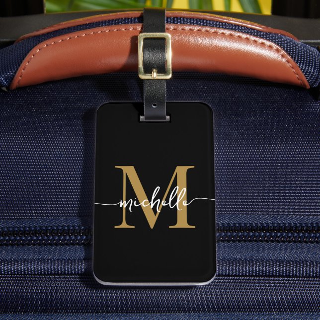 Elegantes stylish Black Gold Monogram, Initialskri Gepäckanhänger (Vorderseite Insitu 2)