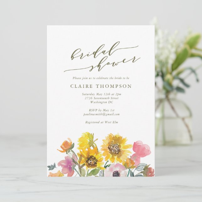 Elegantes Sunflower Watercolor Script-Brautparty Einladung (Stehend Vorderseite)