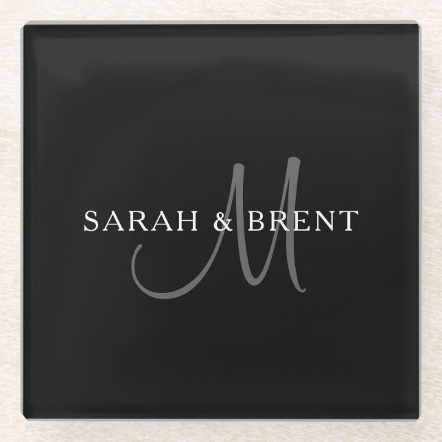 Elegantes Surname Monogram | Schwarz, Grau und Wei Glasuntersetzer (Vorderseite)