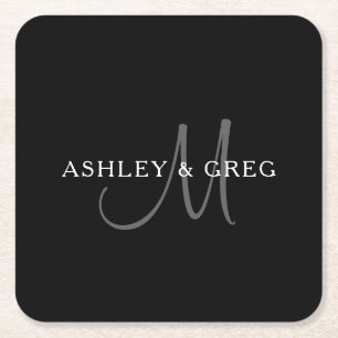 Elegantes Surname Monogram   Schwarz, Grau und Wei Rechteckiger Pappuntersetzer