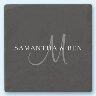 Elegantes Surname Monogram   Schwarz, Grau und Wei Steinuntersetzer