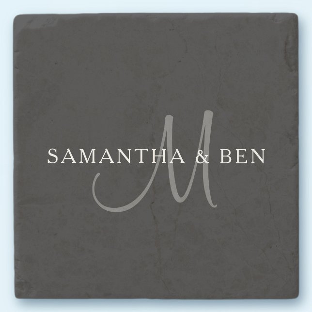 Elegantes Surname Monogram | Schwarz, Grau und Wei Steinuntersetzer (Von Creator hochgeladen)