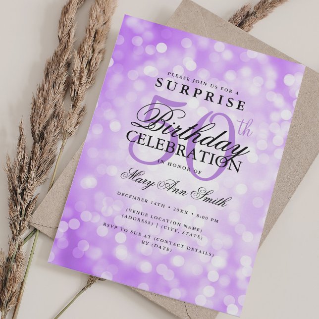 Elegantes SURPRISE 50. Geburtstag Lila Lichter Einladung (Elegant SURPRISE 50th Birthday Purple Lights Invitation)