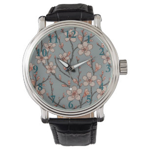 Elegantes süß rosa Blume Blossom Kirschmuster Armbanduhr