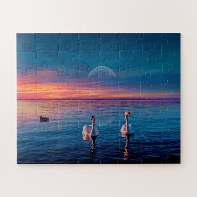 Elegantes Swans Water Sunset Jigsaw Puzzle (Horizontal)