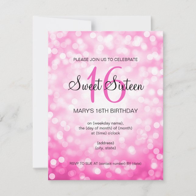 Elegantes Sweet 16 Geburtstag Pink Glitzer Lights Einladung (Vorderseite)