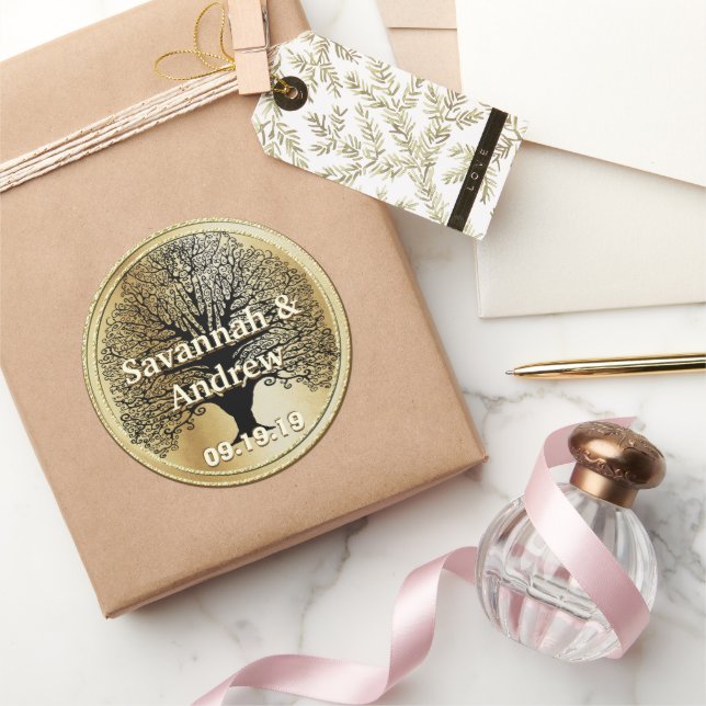 Elegantes Swirl Black Tree Gold Wedding Siegel Runder Aufkleber (Schenken)